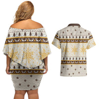 Guinea Pig Christmas Couples Matching Off Shoulder Short Dress and Hawaiian Shirt with Snowflakes Trees and Reindeer Pattern - Wonder Print Shop