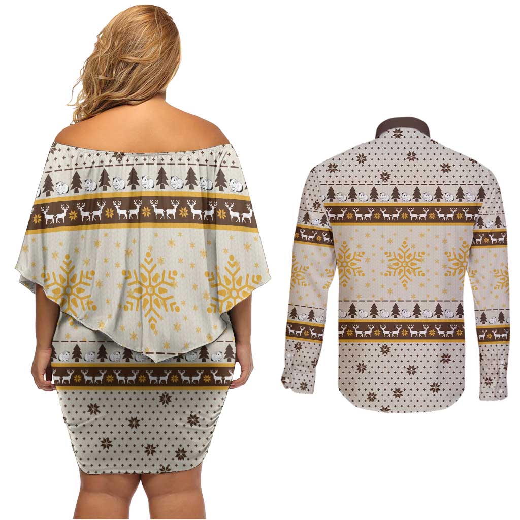 Guinea Pig Christmas Couples Matching Off Shoulder Short Dress and Long Sleeve Button Shirt with Snowflakes Trees and Reindeer Pattern - Wonder Print Shop