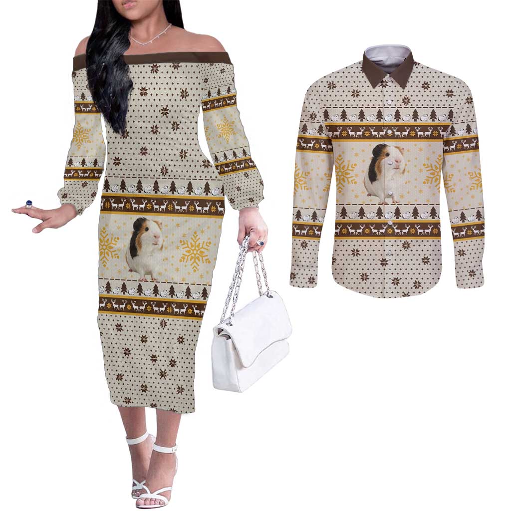 Guinea Pig Christmas Couples Matching Off The Shoulder Long Sleeve Dress and Long Sleeve Button Shirt with Snowflakes Trees and Reindeer Pattern - Wonder Print Shop