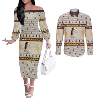 Guinea Pig Christmas Couples Matching Off The Shoulder Long Sleeve Dress and Long Sleeve Button Shirt with Snowflakes Trees and Reindeer Pattern - Wonder Print Shop