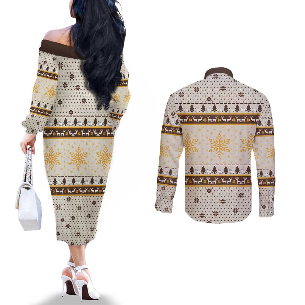 Guinea Pig Christmas Couples Matching Off The Shoulder Long Sleeve Dress and Long Sleeve Button Shirt with Snowflakes Trees and Reindeer Pattern - Wonder Print Shop