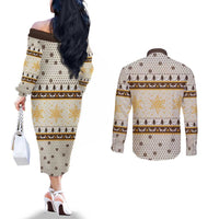 Guinea Pig Christmas Couples Matching Off The Shoulder Long Sleeve Dress and Long Sleeve Button Shirt with Snowflakes Trees and Reindeer Pattern - Wonder Print Shop