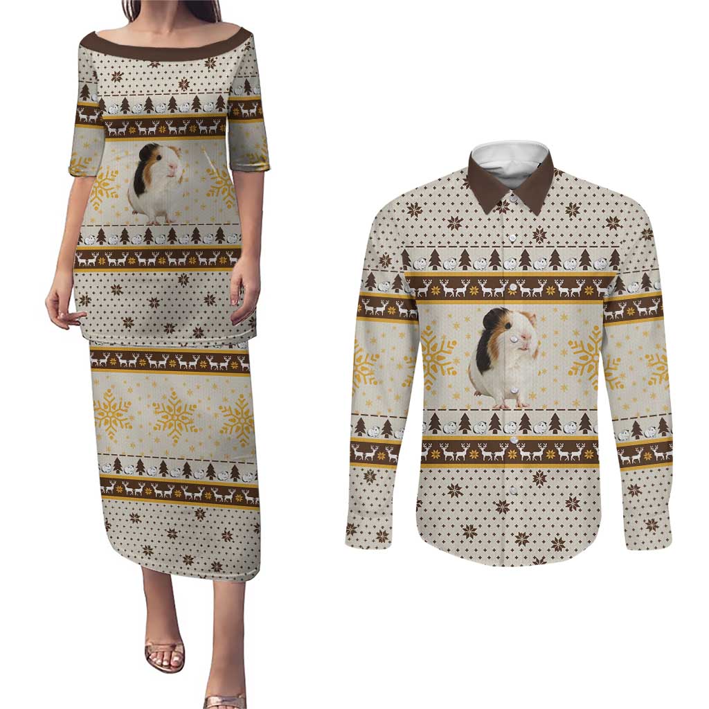 Guinea Pig Christmas Couples Matching Puletasi and Long Sleeve Button Shirt with Snowflakes Trees and Reindeer Pattern - Wonder Print Shop
