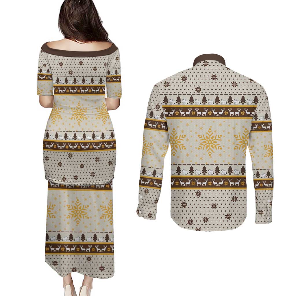 Guinea Pig Christmas Couples Matching Puletasi and Long Sleeve Button Shirt with Snowflakes Trees and Reindeer Pattern - Wonder Print Shop