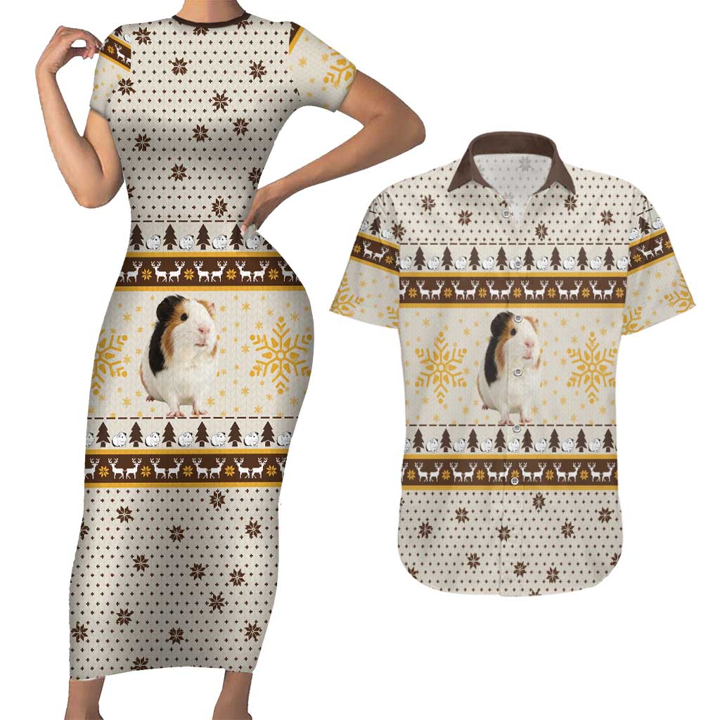Guinea Pig Christmas Couples Matching Short Sleeve Bodycon Dress and Hawaiian Shirt with Snowflakes Trees and Reindeer Pattern - Wonder Print Shop