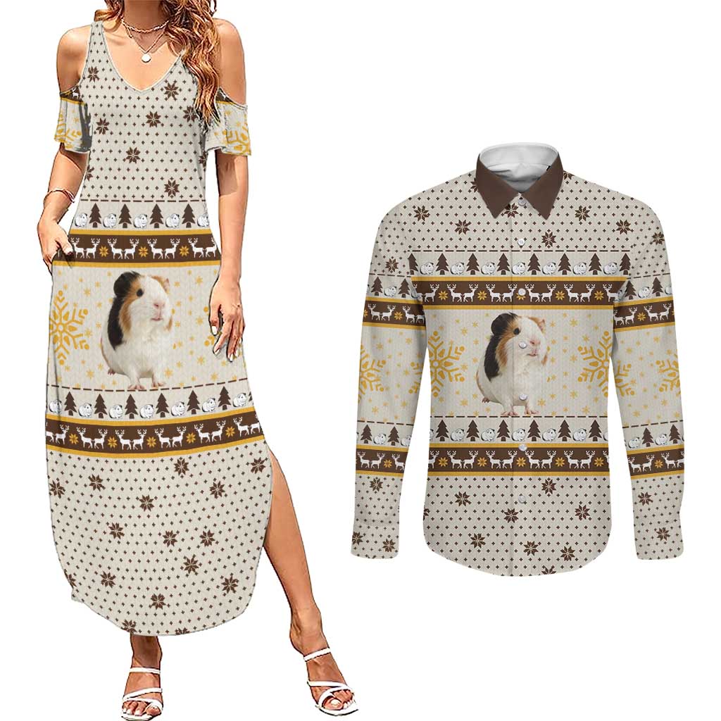 Guinea Pig Christmas Couples Matching Summer Maxi Dress and Long Sleeve Button Shirt with Snowflakes Trees and Reindeer Pattern - Wonder Print Shop