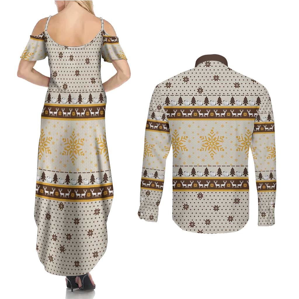 Guinea Pig Christmas Couples Matching Summer Maxi Dress and Long Sleeve Button Shirt with Snowflakes Trees and Reindeer Pattern - Wonder Print Shop