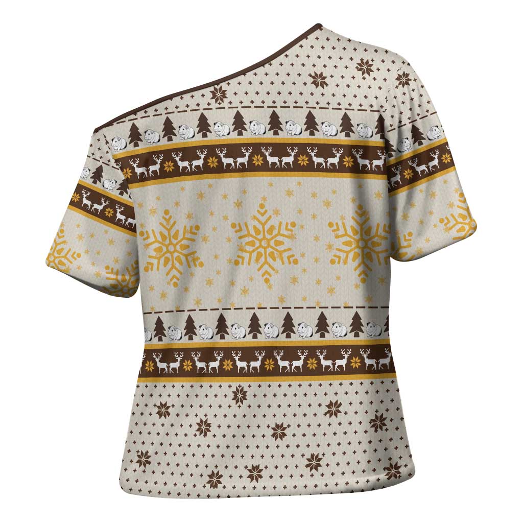 Guinea Pig Christmas Cross Shoulder Shirt with Snowflakes Trees and Reindeer Pattern - Wonder Print Shop
