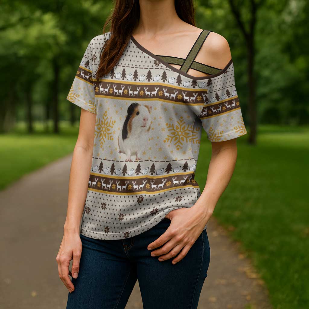 Guinea Pig Christmas Cross Shoulder Shirt with Snowflakes Trees and Reindeer Pattern - Wonder Print Shop
