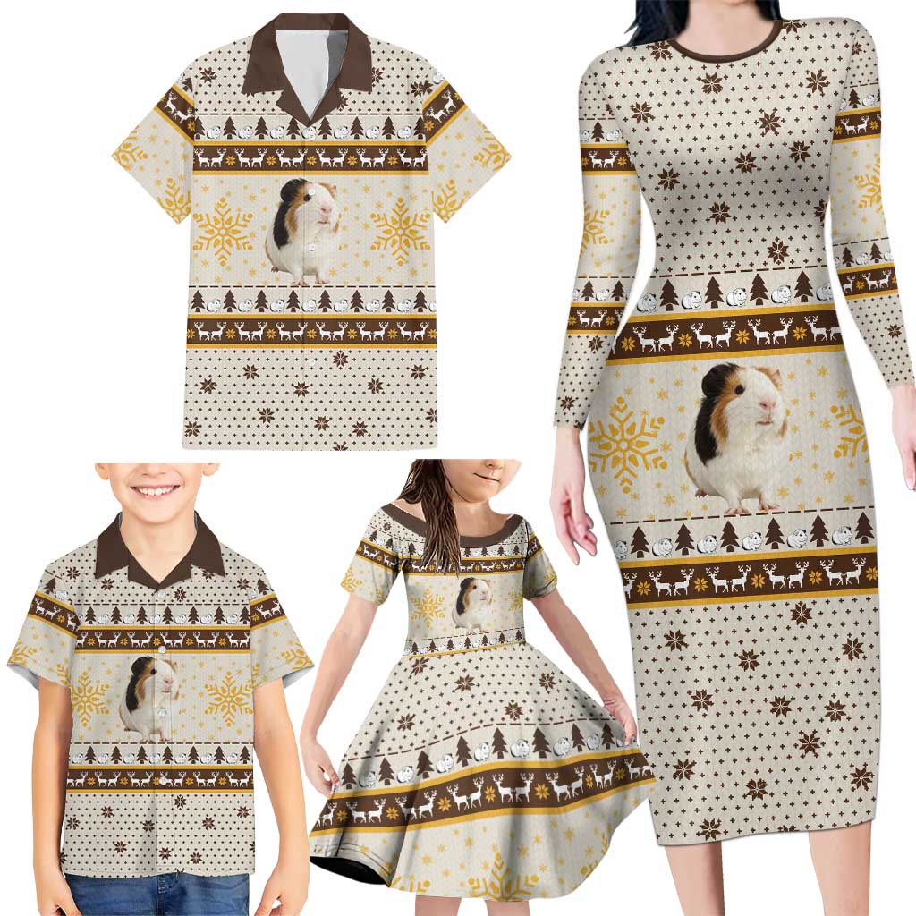 Guinea Pig Christmas Family Matching Long Sleeve Bodycon Dress and Hawaiian Shirt with Snowflakes Trees and Reindeer Pattern - Wonder Print Shop