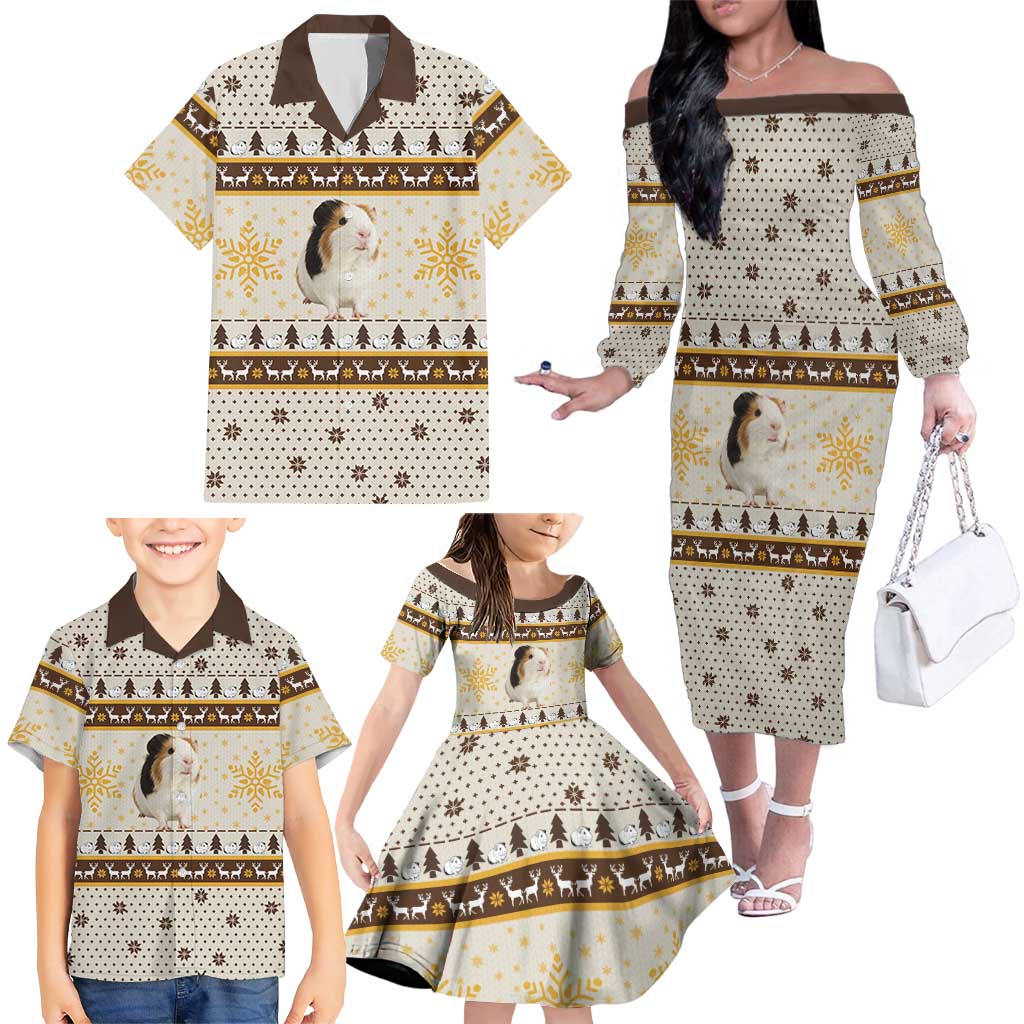 Guinea Pig Christmas Family Matching Off The Shoulder Long Sleeve Dress and Hawaiian Shirt with Snowflakes Trees and Reindeer Pattern - Wonder Print Shop