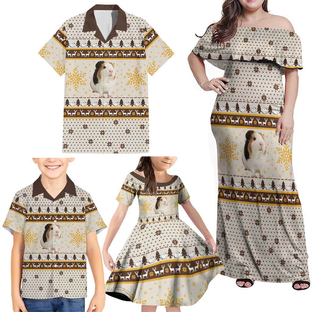 Guinea Pig Christmas Family Matching Off Shoulder Maxi Dress and Hawaiian Shirt with Snowflakes Trees and Reindeer Pattern - Wonder Print Shop