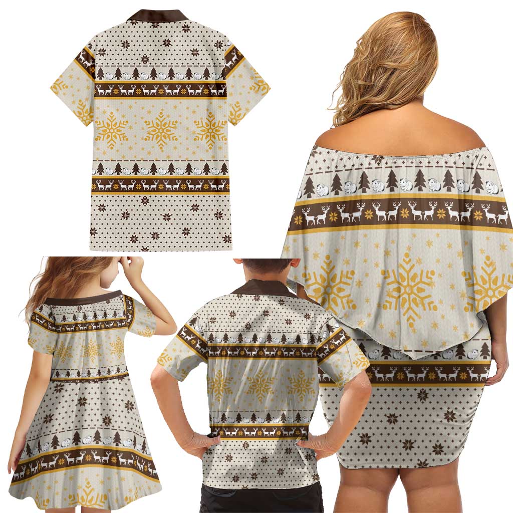 Guinea Pig Christmas Family Matching Off Shoulder Short Dress and Hawaiian Shirt with Snowflakes Trees and Reindeer Pattern - Wonder Print Shop