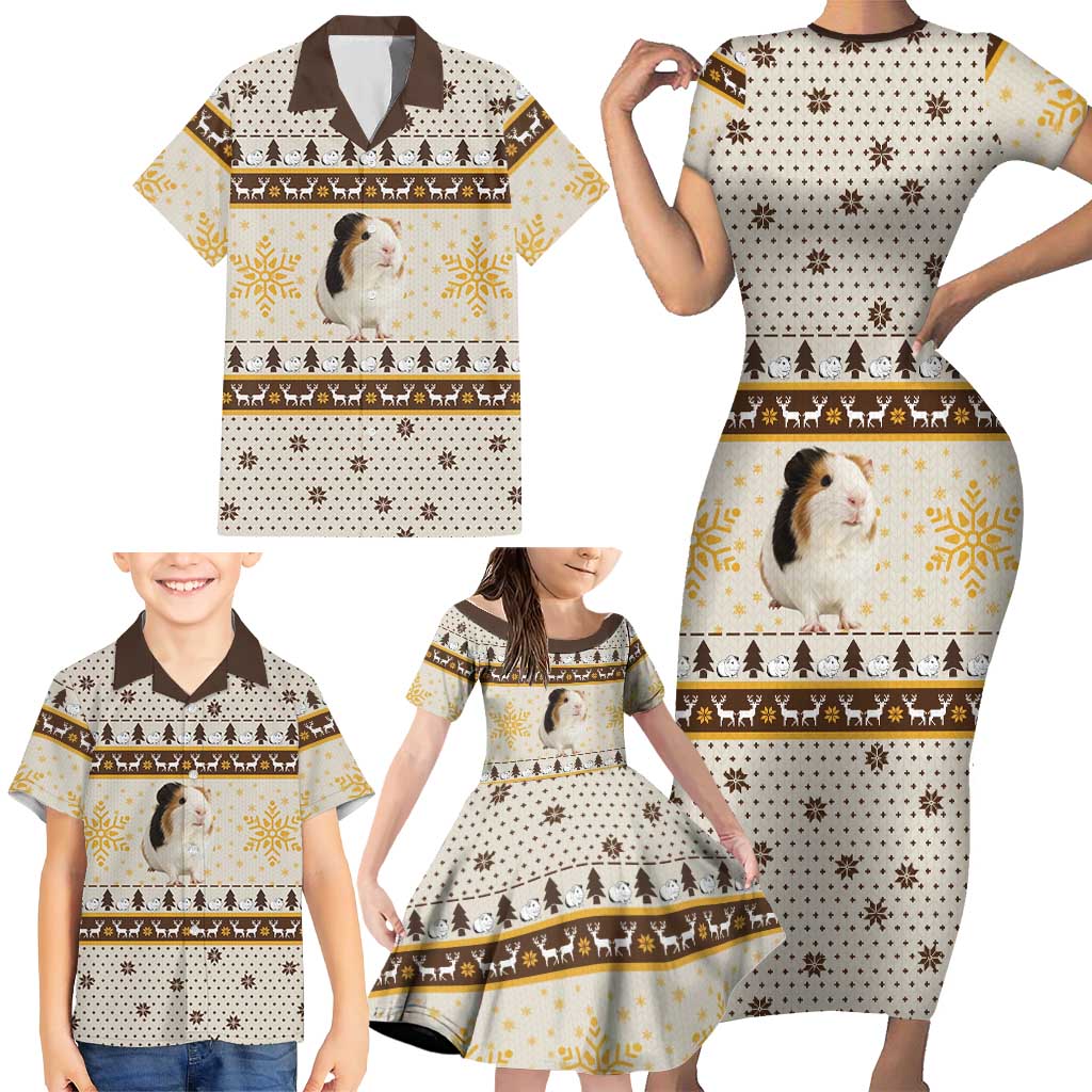 Guinea Pig Christmas Family Matching Short Sleeve Bodycon Dress and Hawaiian Shirt with Snowflakes Trees and Reindeer Pattern - Wonder Print Shop