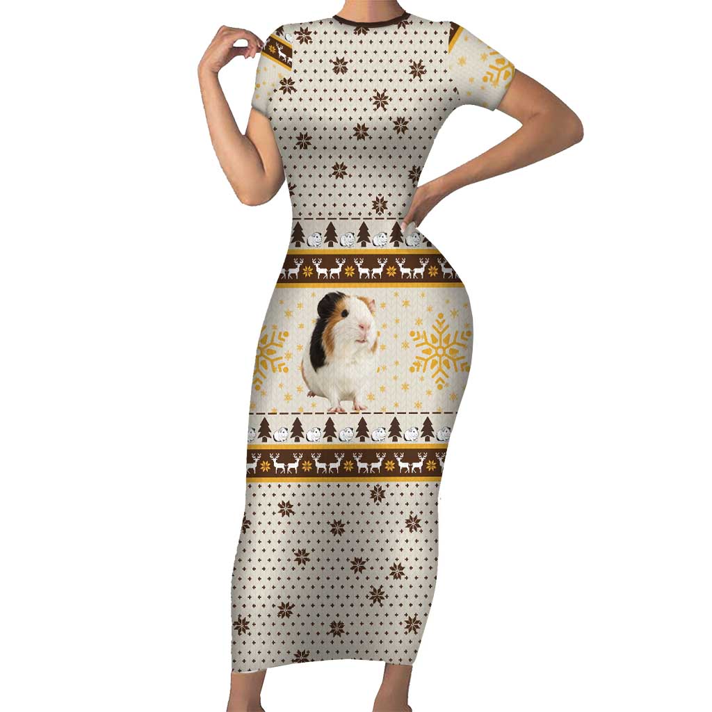 Guinea Pig Christmas Family Matching Short Sleeve Bodycon Dress and Hawaiian Shirt with Snowflakes Trees and Reindeer Pattern - Wonder Print Shop