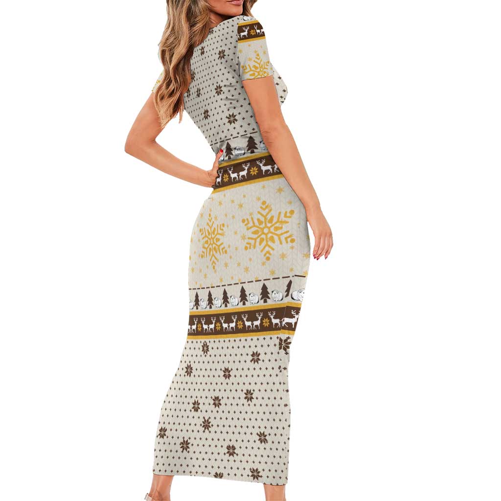Guinea Pig Christmas Family Matching Short Sleeve Bodycon Dress and Hawaiian Shirt with Snowflakes Trees and Reindeer Pattern - Wonder Print Shop