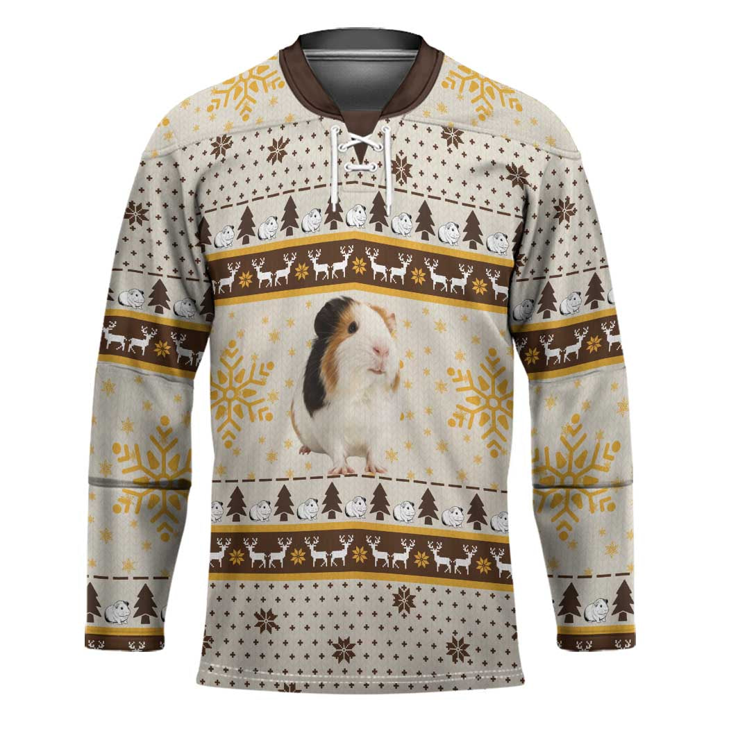 Guinea Pig Christmas Hockey Jersey with Snowflakes Trees and Reindeer Pattern - Wonder Print Shop
