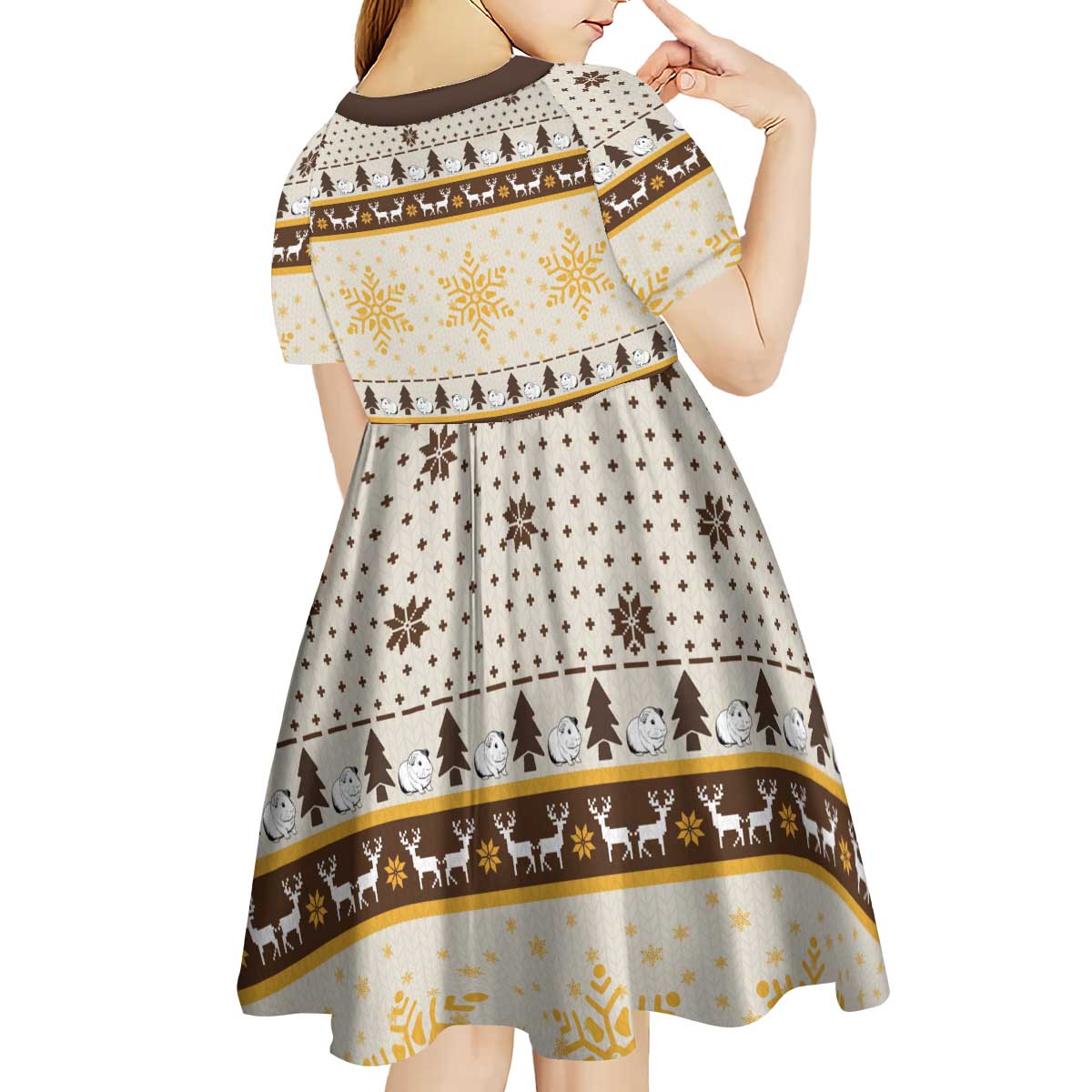 Guinea Pig Christmas Kid Short Sleeve Dress with Snowflakes Trees and Reindeer Pattern - Wonder Print Shop