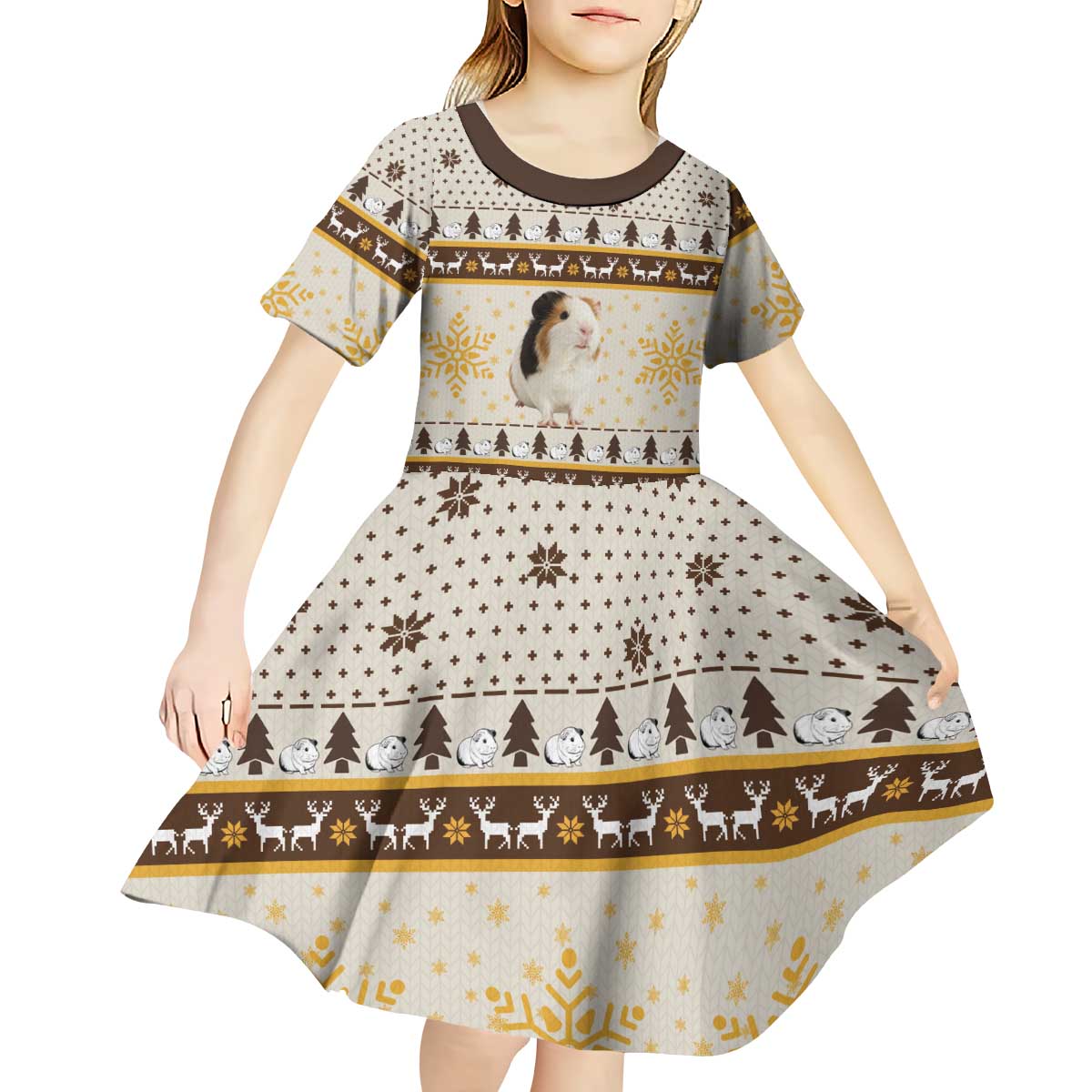 Guinea Pig Christmas Kid Short Sleeve Dress with Snowflakes Trees and Reindeer Pattern - Wonder Print Shop