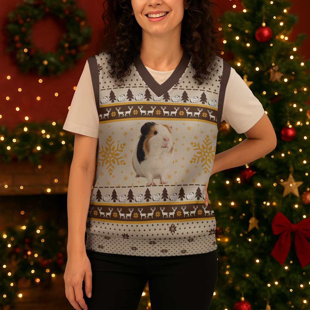 Guinea Pig Christmas Knitted V-Neck Vest with Snowflakes Trees and Reindeer Pattern - Wonder Print Shop