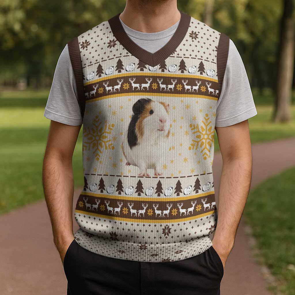 Guinea Pig Christmas Knitted V-Neck Vest with Snowflakes Trees and Reindeer Pattern - Wonder Print Shop
