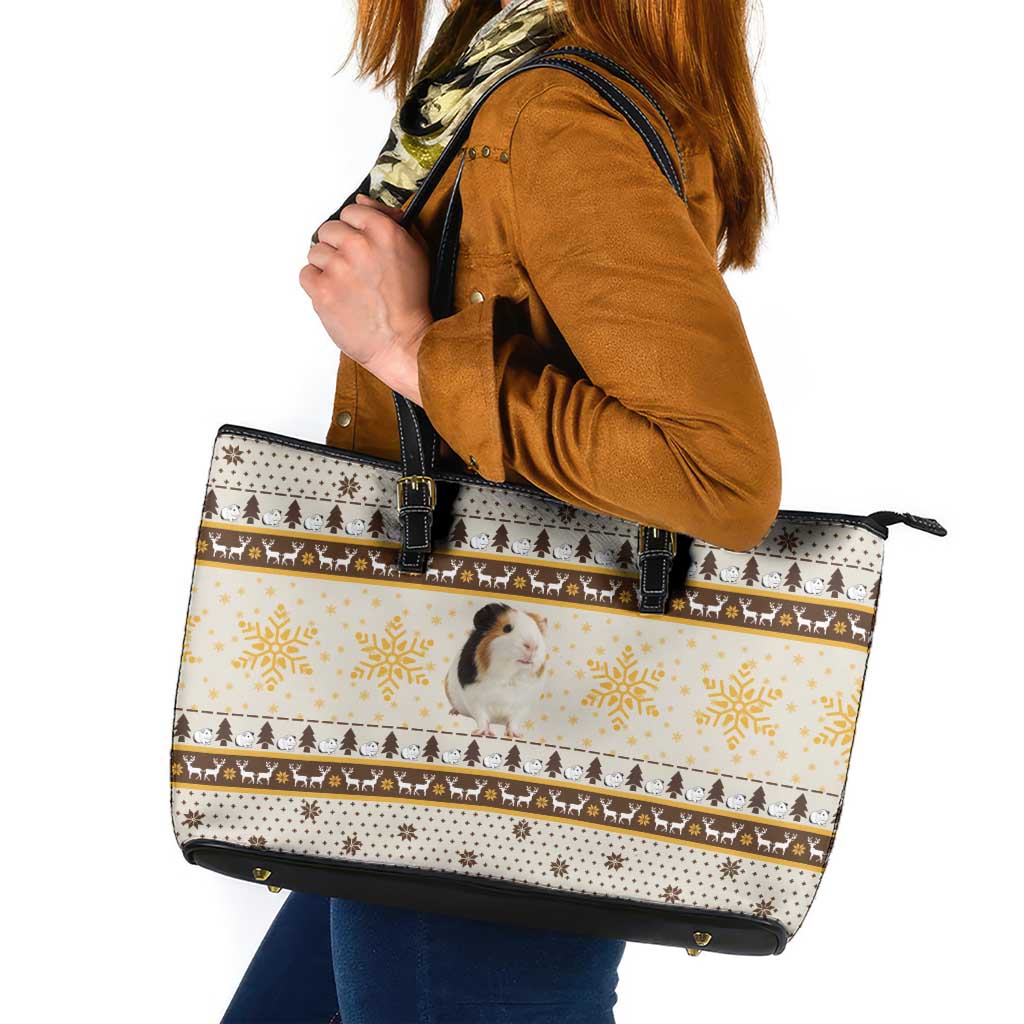Guinea Pig Christmas Leather Tote Bag with Snowflakes Trees and Reindeer Pattern - Wonder Print Shop