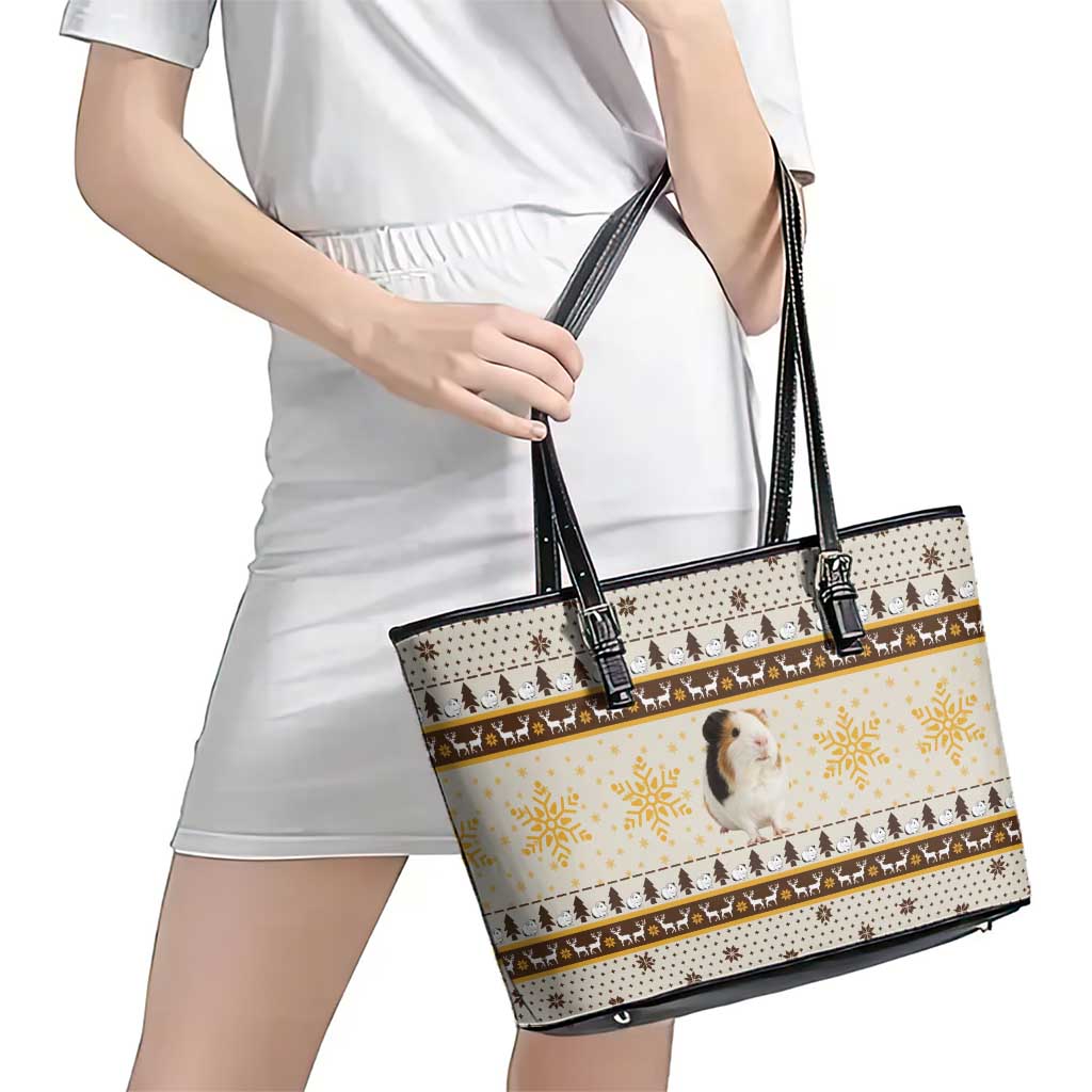 Guinea Pig Christmas Leather Tote Bag with Snowflakes Trees and Reindeer Pattern - Wonder Print Shop