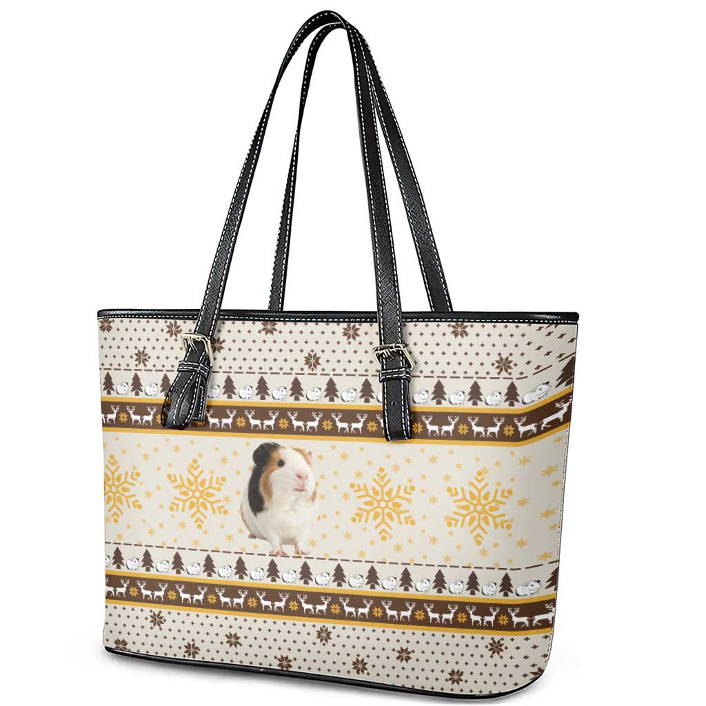 Guinea Pig Christmas Leather Tote Bag with Snowflakes Trees and Reindeer Pattern - Wonder Print Shop