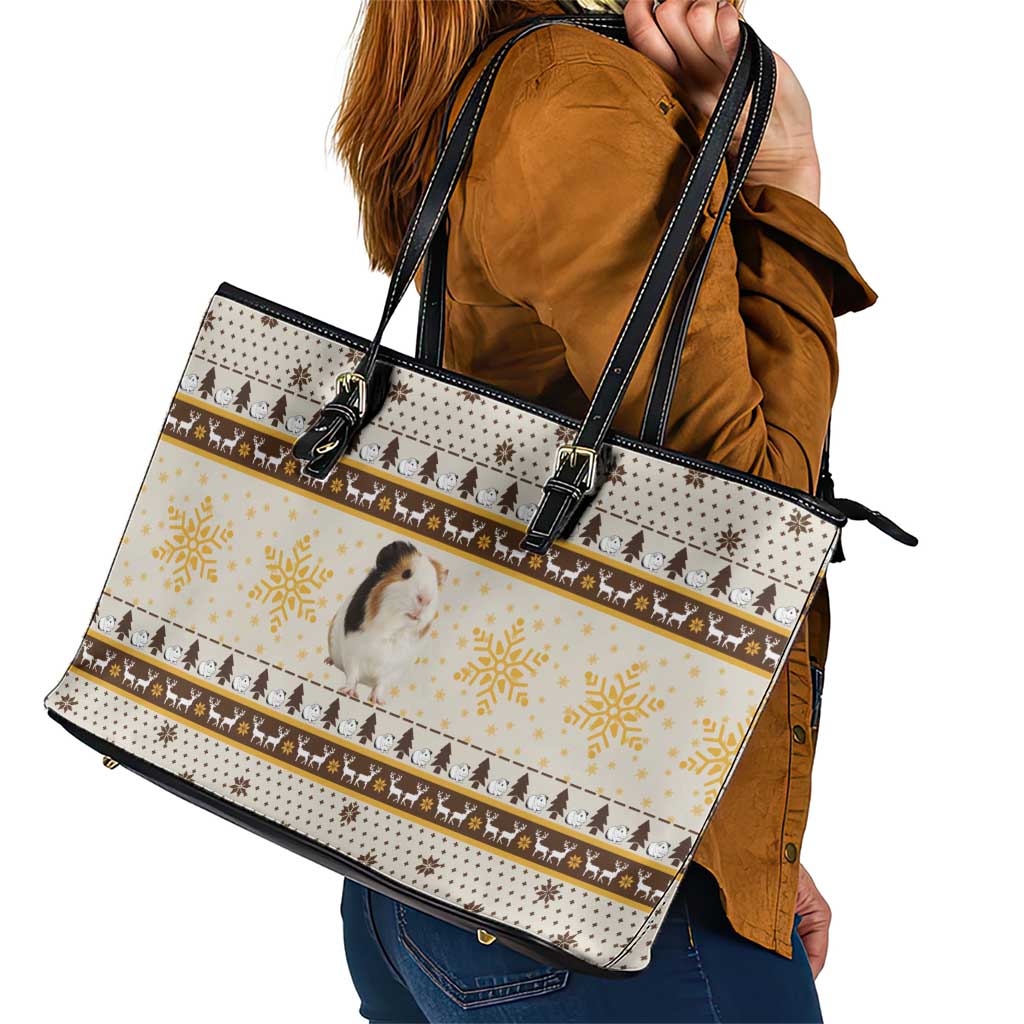 Guinea Pig Christmas Leather Tote Bag with Snowflakes Trees and Reindeer Pattern - Wonder Print Shop