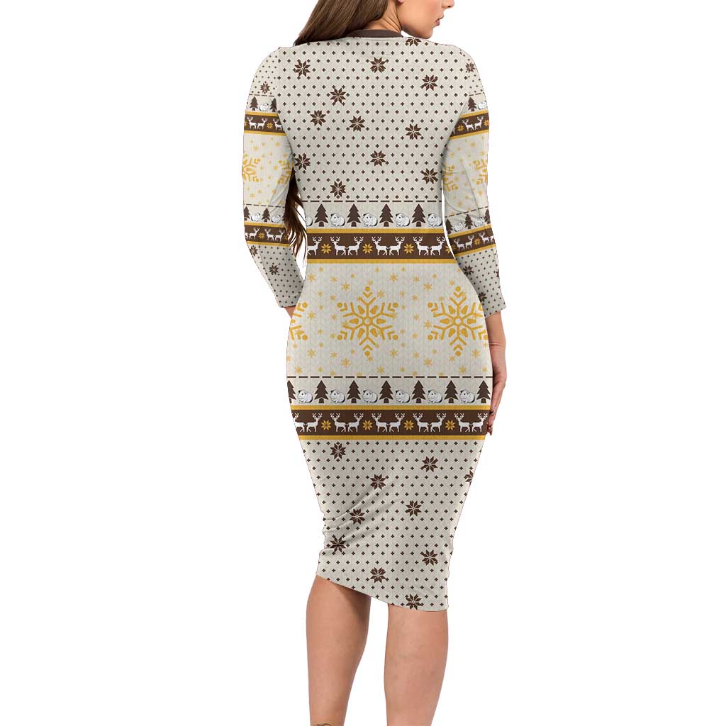 Guinea Pig Christmas Long Sleeve Bodycon Dress with Snowflakes Trees and Reindeer Pattern - Wonder Print Shop