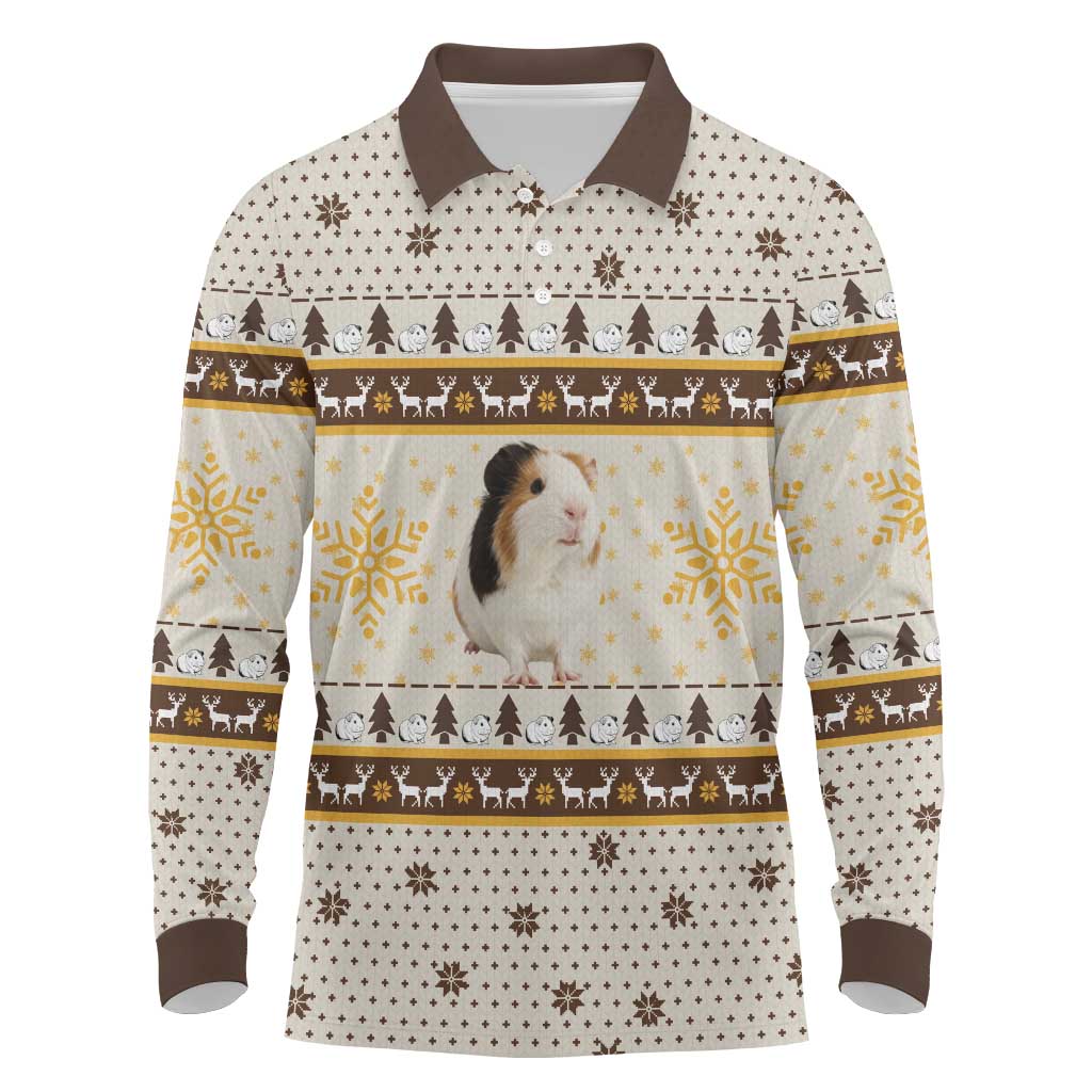 Guinea Pig Christmas Long Sleeve Polo Shirt with Snowflakes Trees and Reindeer Pattern - Wonder Print Shop