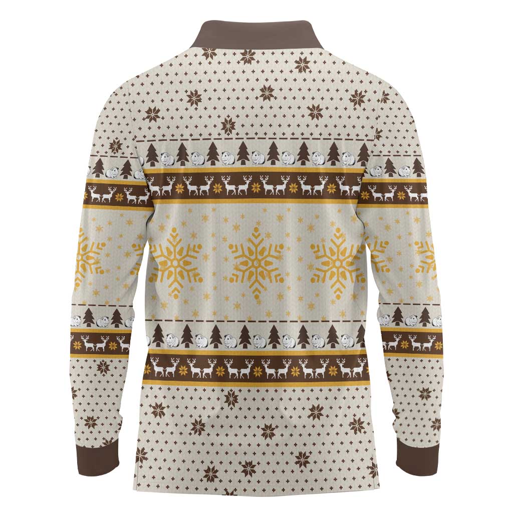 Guinea Pig Christmas Long Sleeve Polo Shirt with Snowflakes Trees and Reindeer Pattern - Wonder Print Shop