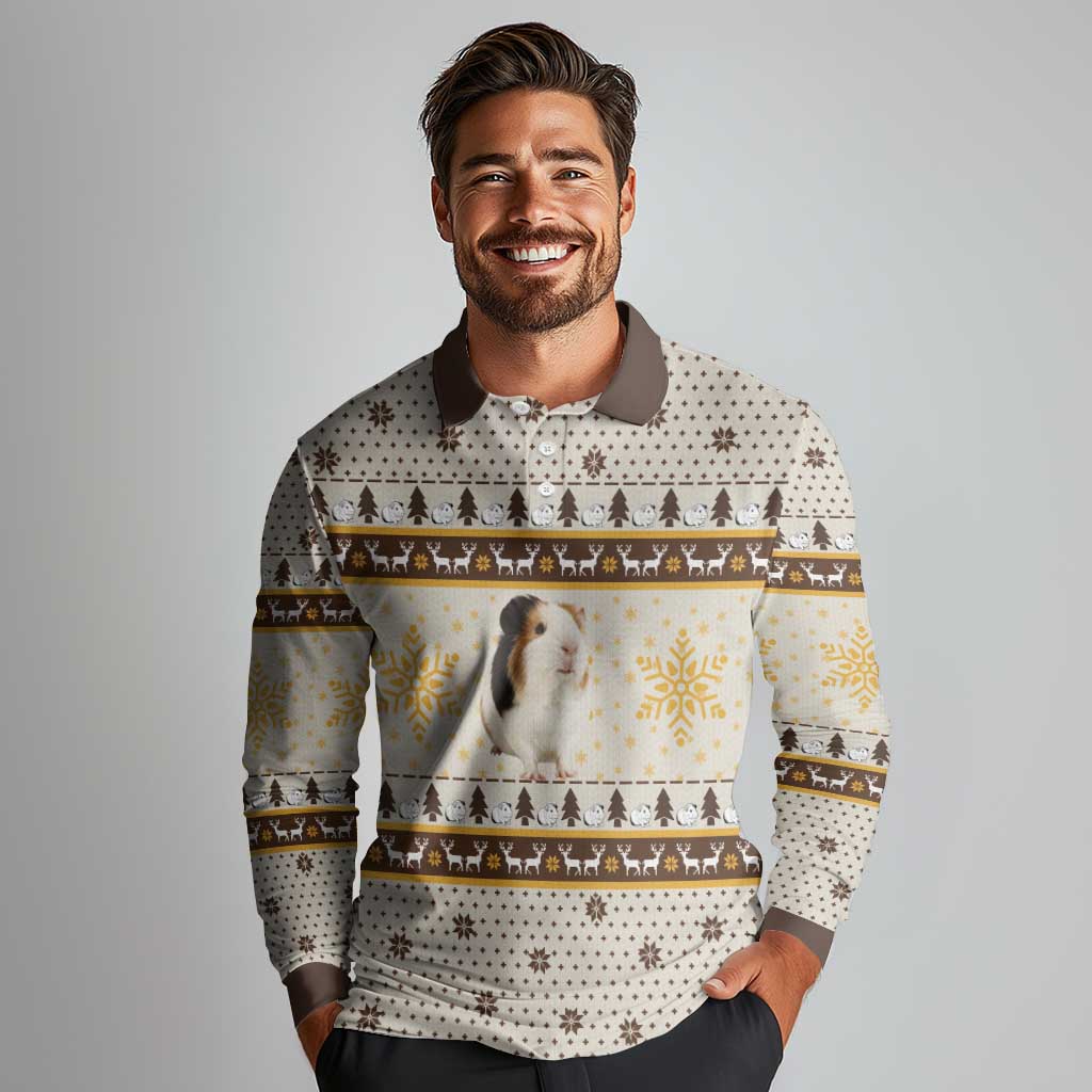 Guinea Pig Christmas Long Sleeve Polo Shirt with Snowflakes Trees and Reindeer Pattern - Wonder Print Shop