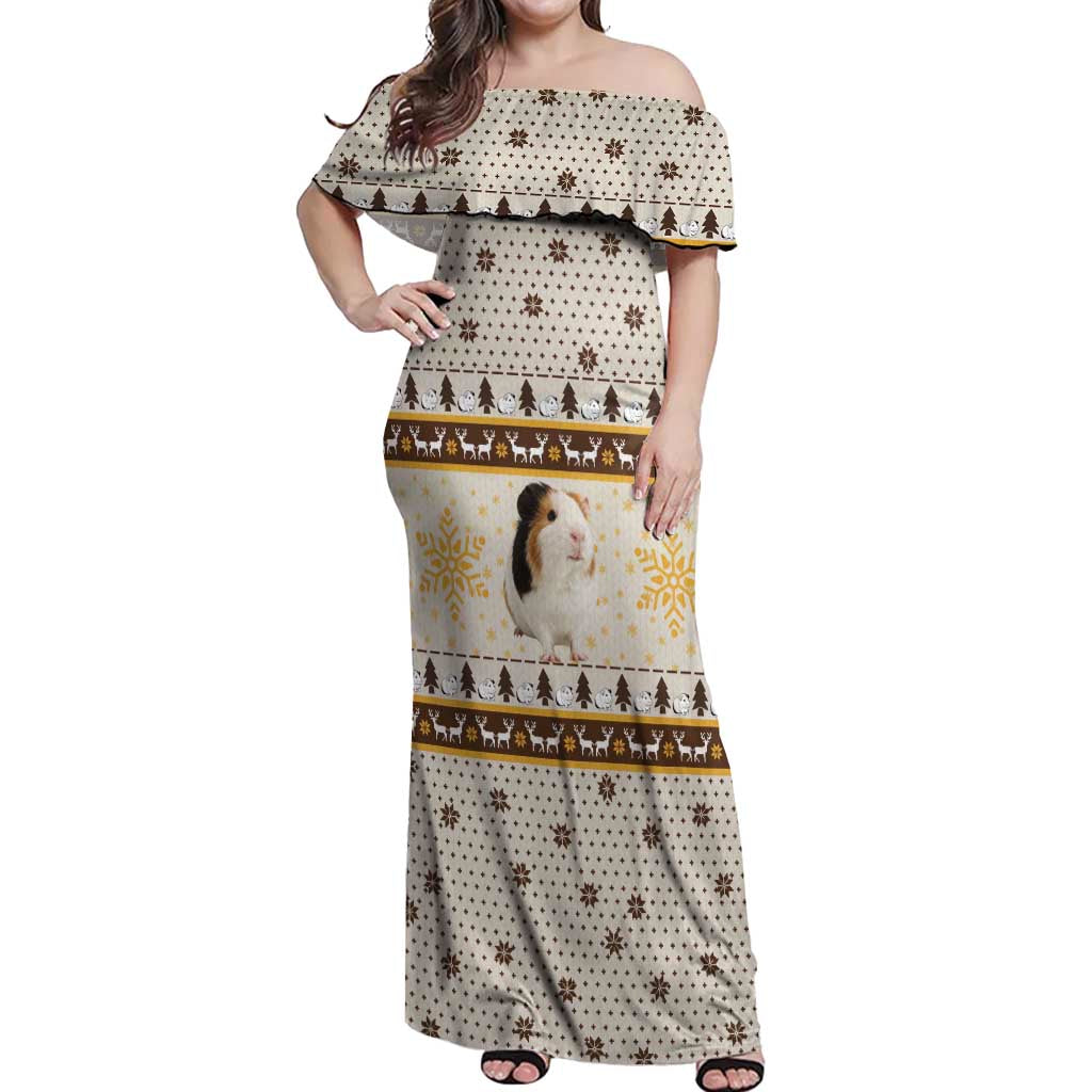 Guinea Pig Christmas Off Shoulder Maxi Dress with Snowflakes Trees and Reindeer Pattern - Wonder Print Shop