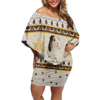 Guinea Pig Christmas Off Shoulder Short Dress with Snowflakes Trees and Reindeer Pattern - Wonder Print Shop