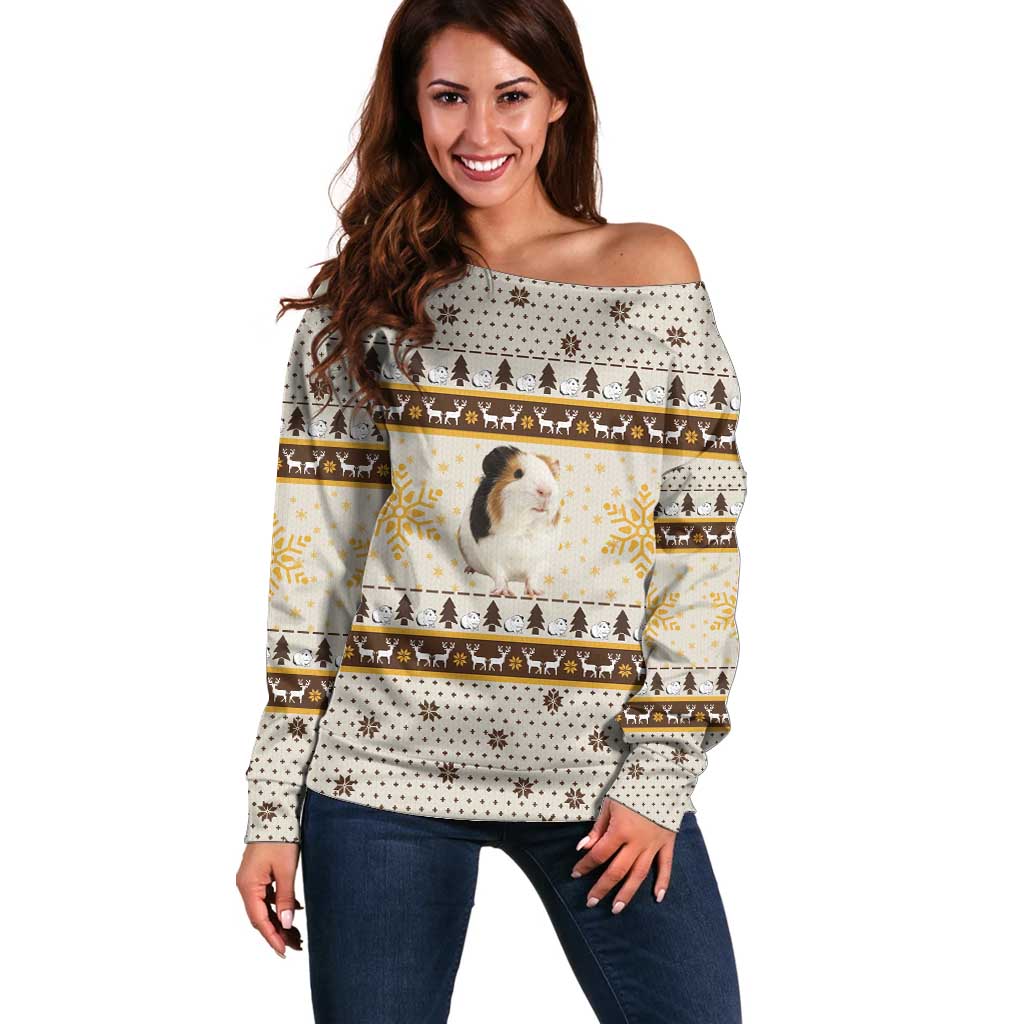 Guinea Pig Christmas Off Shoulder Sweater with Snowflakes Trees and Reindeer Pattern - Wonder Print Shop