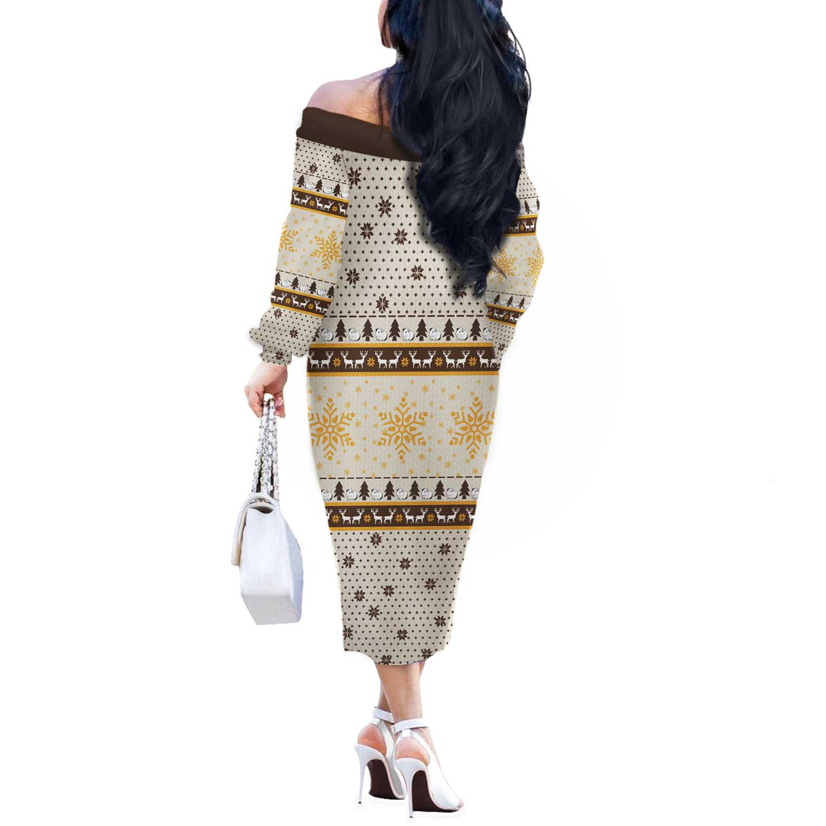 Guinea Pig Christmas Off The Shoulder Long Sleeve Dress with Snowflakes Trees and Reindeer Pattern - Wonder Print Shop