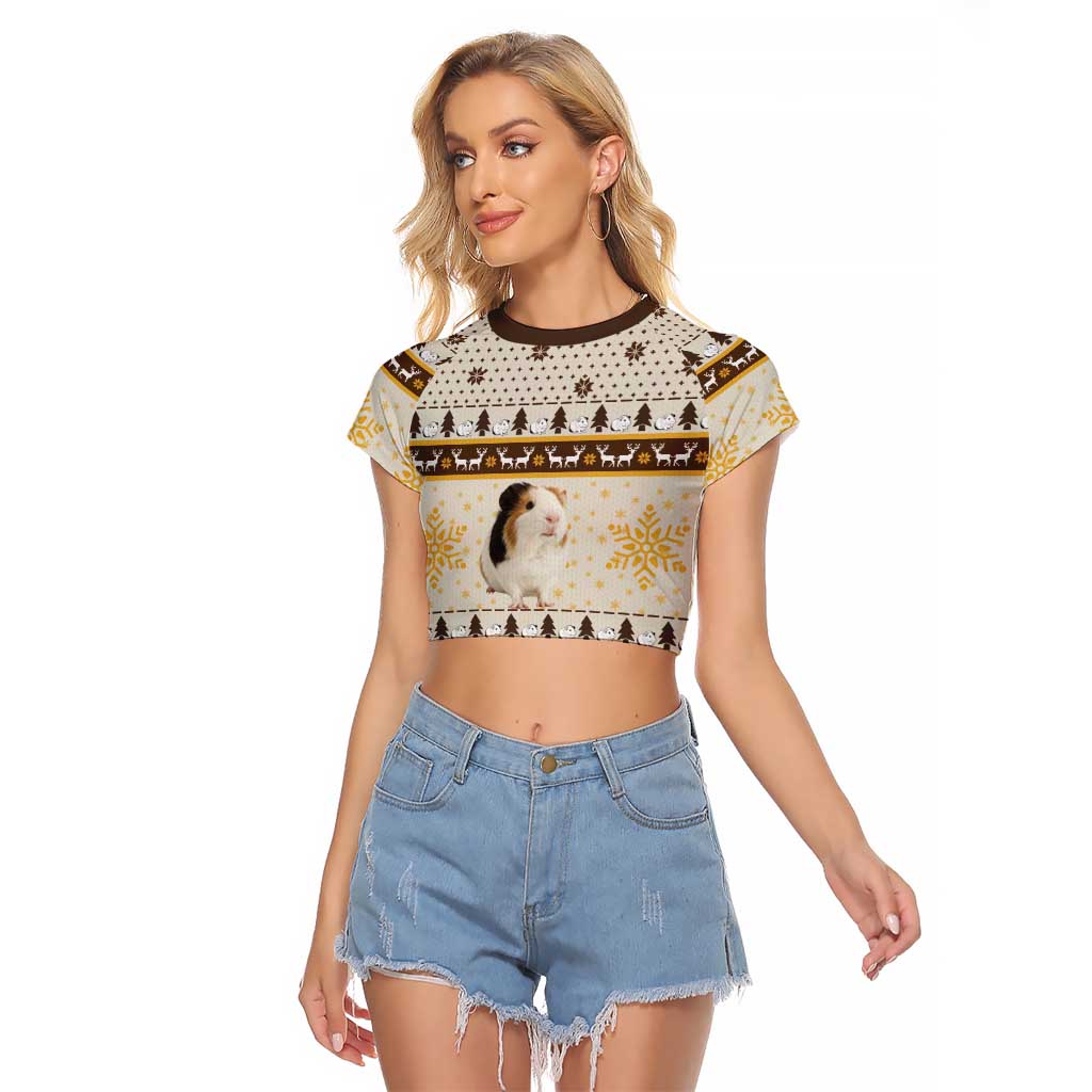 Guinea Pig Christmas Raglan Cropped T Shirt with Snowflakes Trees and Reindeer Pattern - Wonder Print Shop