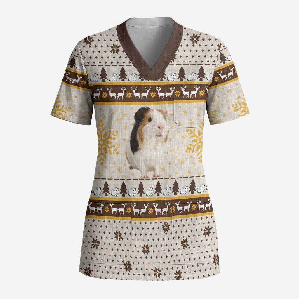 Guinea Pig Christmas Scrub Top with Snowflakes Trees and Reindeer Pattern - Wonder Print Shop