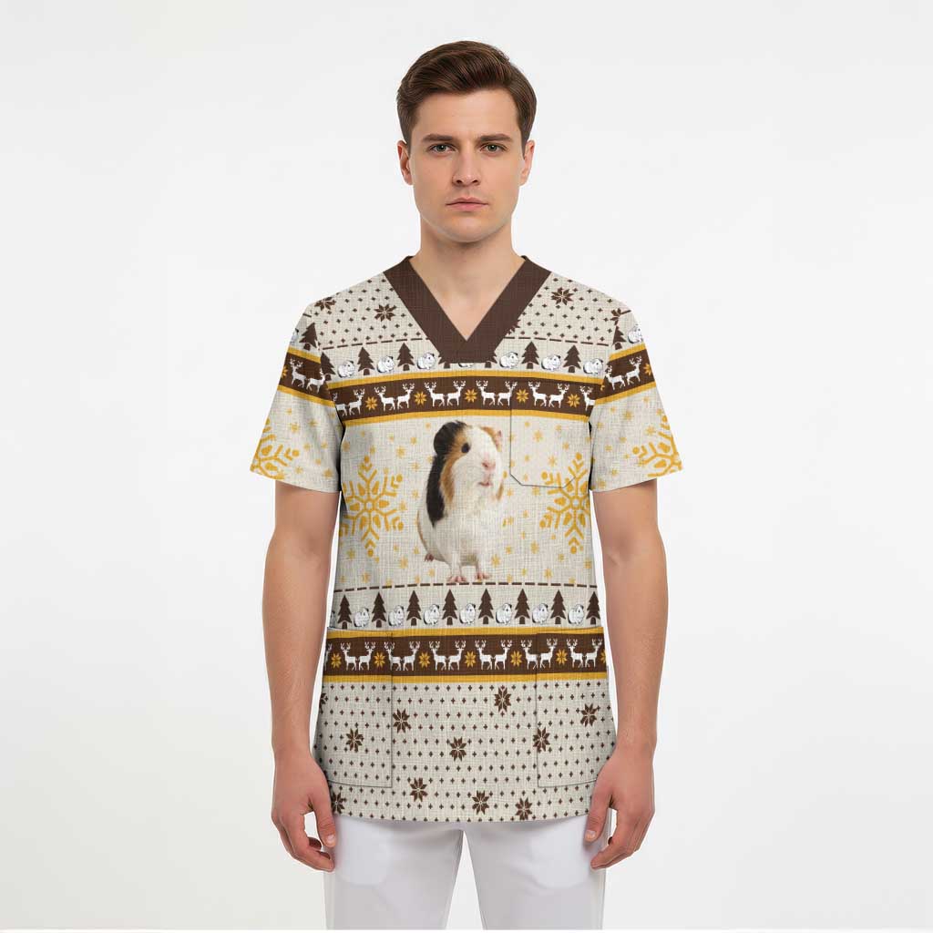 Guinea Pig Christmas Scrub Top with Snowflakes Trees and Reindeer Pattern - Wonder Print Shop