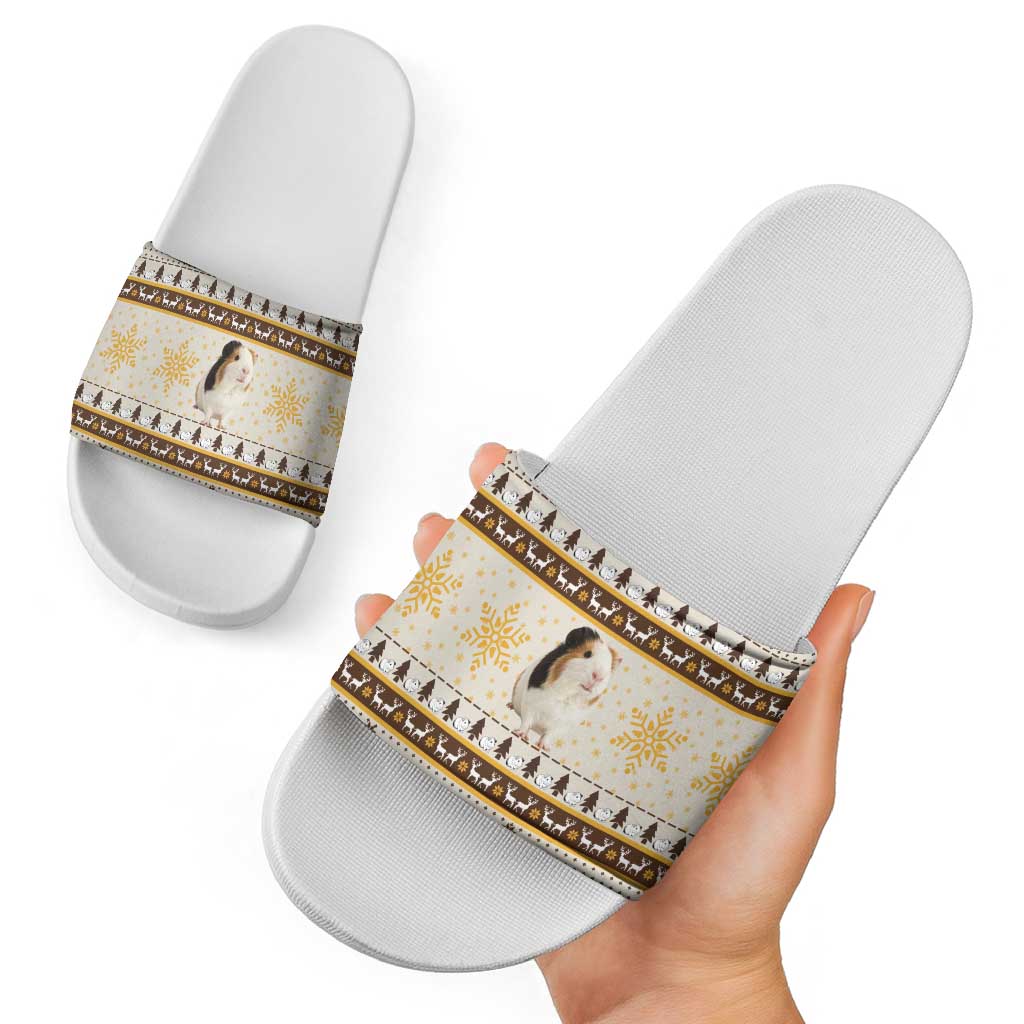 Guinea Pig Christmas Slide Sandals with Snowflakes Trees and Reindeer Pattern - Wonder Print Shop