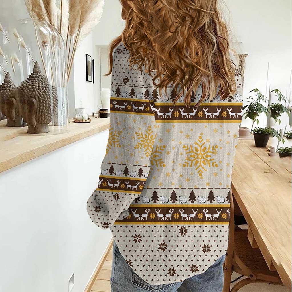 Guinea Pig Christmas Women Casual Shirt with Snowflakes Trees and Reindeer Pattern - Wonder Print Shop