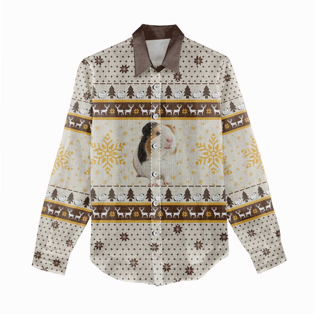 Guinea Pig Christmas Women Casual Shirt with Snowflakes Trees and Reindeer Pattern - Wonder Print Shop