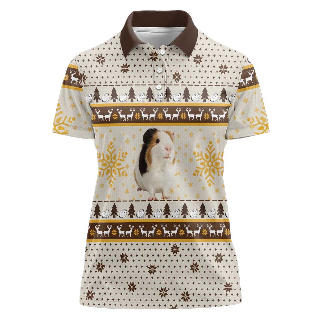 Guinea Pig Christmas Women Polo Shirt with Snowflakes Trees and Reindeer Pattern - Wonder Print Shop