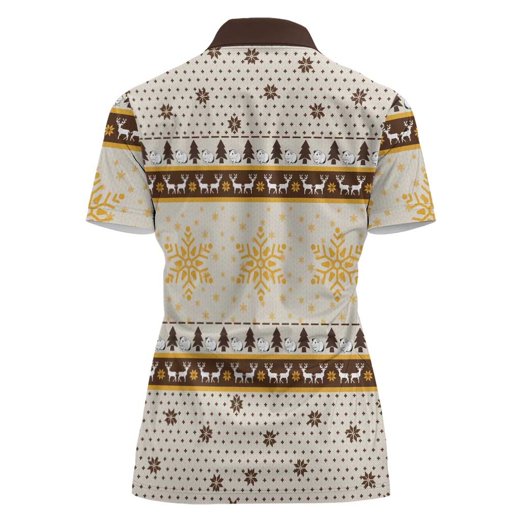 Guinea Pig Christmas Women Polo Shirt with Snowflakes Trees and Reindeer Pattern - Wonder Print Shop