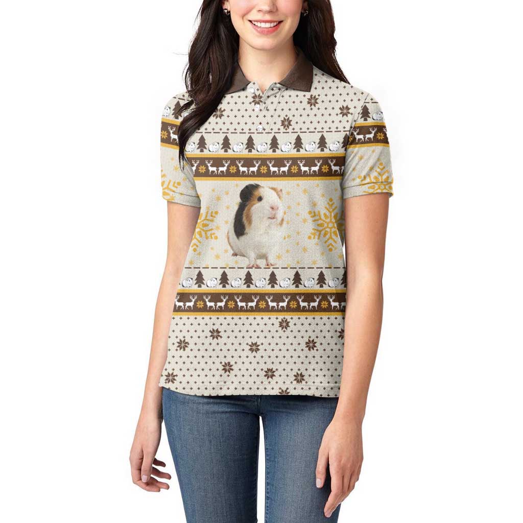 Guinea Pig Christmas Women Polo Shirt with Snowflakes Trees and Reindeer Pattern - Wonder Print Shop