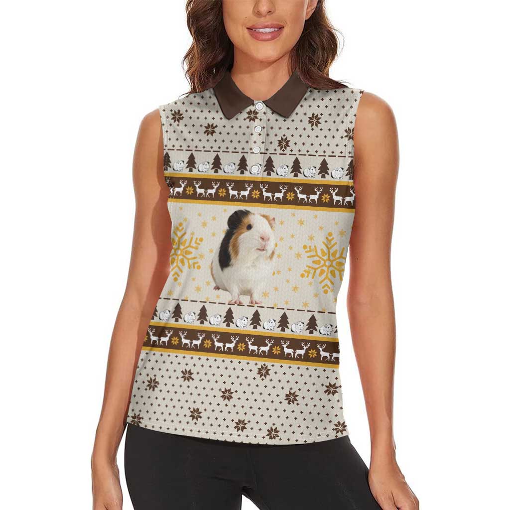 Guinea Pig Christmas Women Sleeveless Polo Shirt with Snowflakes Trees and Reindeer Pattern - Wonder Print Shop