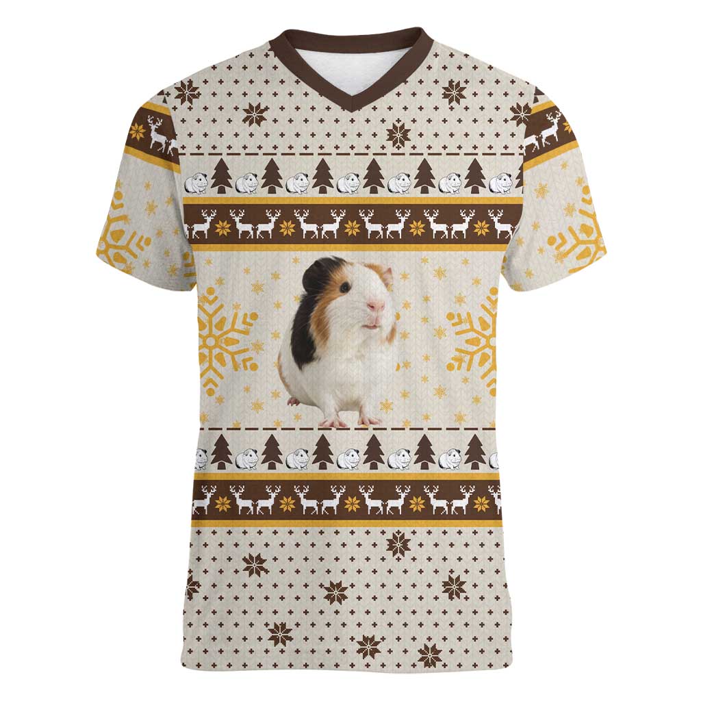 Guinea Pig Christmas Women V-Neck T-Shirt with Snowflakes Trees and Reindeer Pattern - Wonder Print Shop