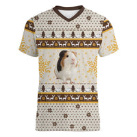 Guinea Pig Christmas Women V-Neck T-Shirt with Snowflakes Trees and Reindeer Pattern - Wonder Print Shop