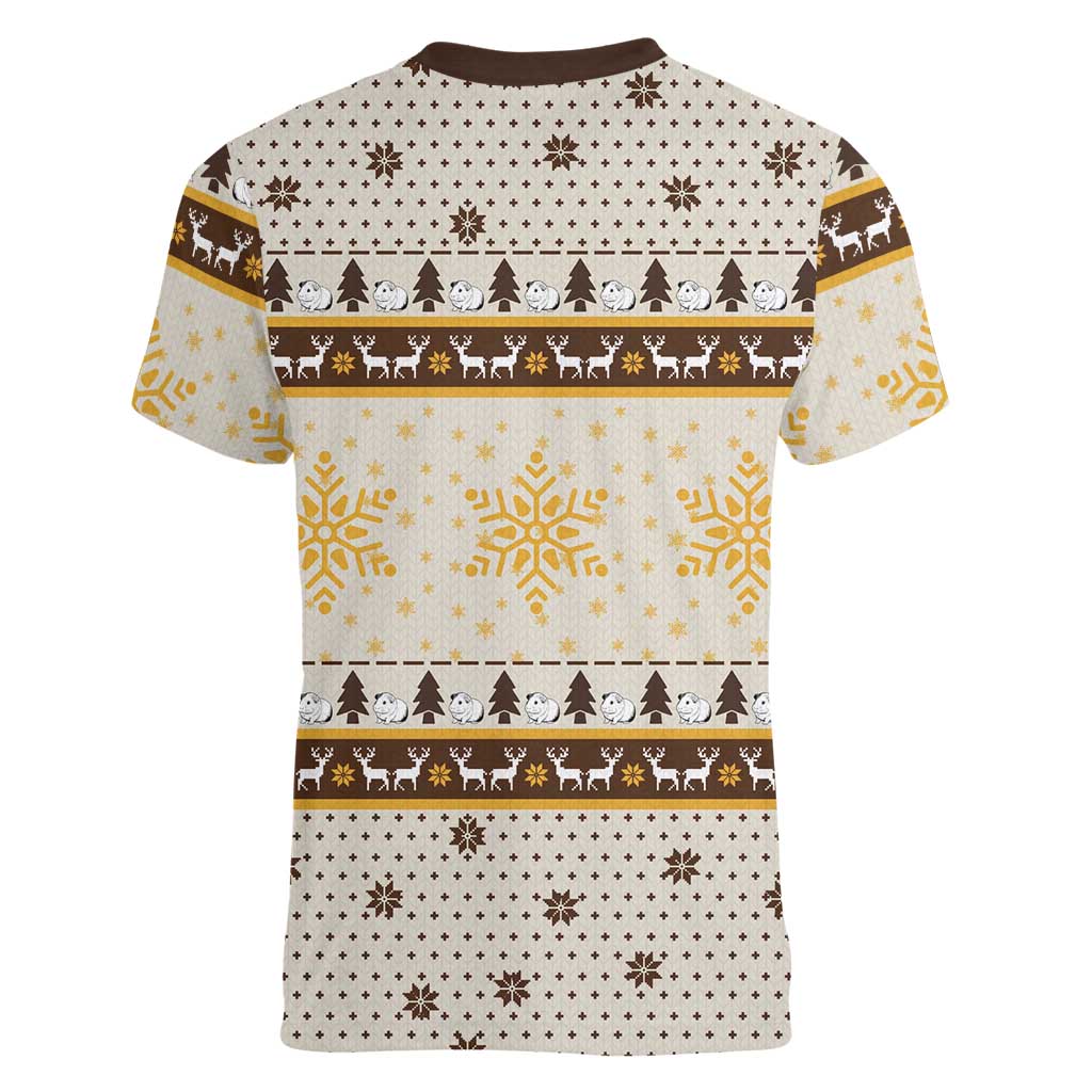 Guinea Pig Christmas Women V-Neck T-Shirt with Snowflakes Trees and Reindeer Pattern - Wonder Print Shop